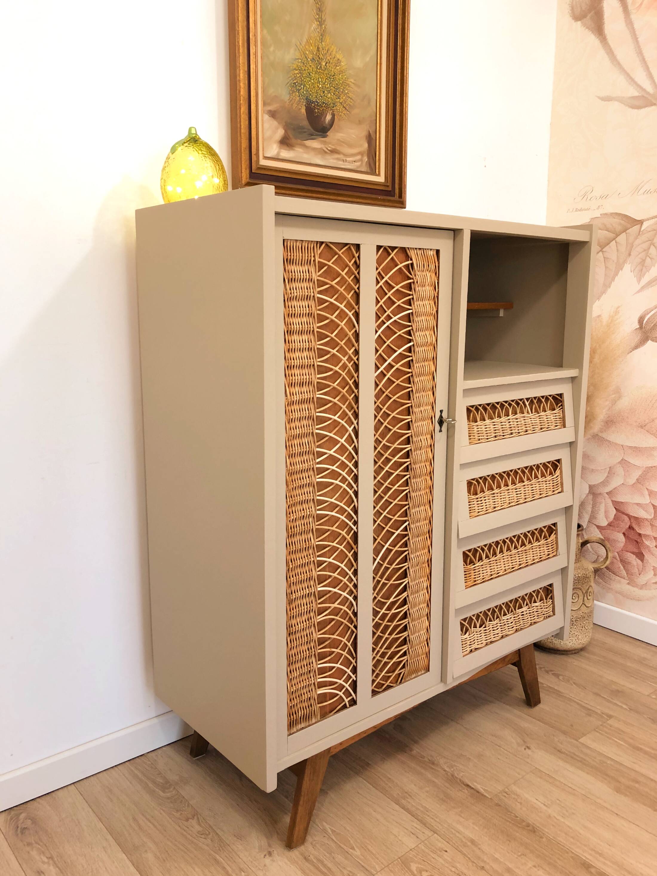 60s/70s wardrobe in wood and rattan