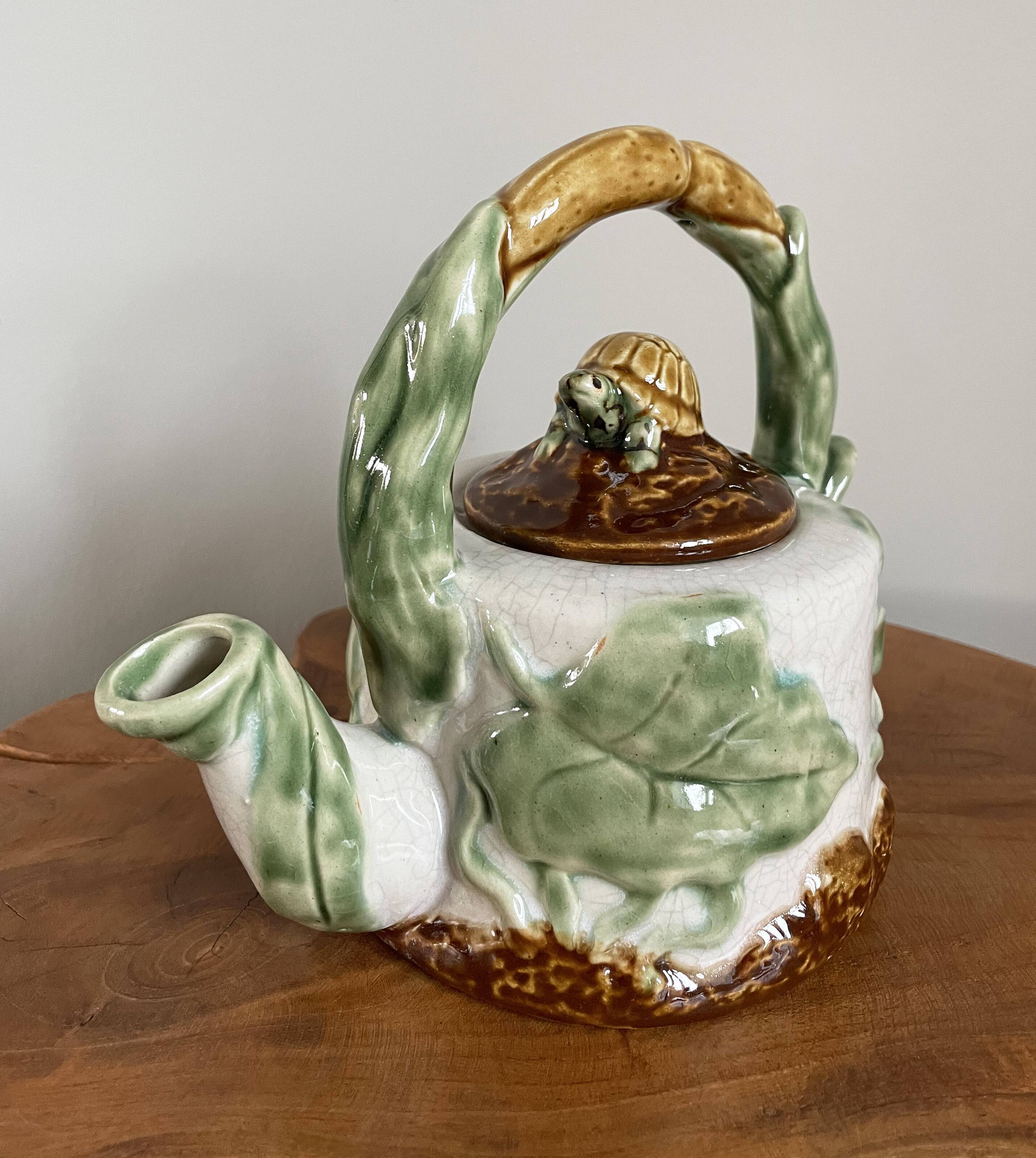Chinese-American Majolica Turtle & Underwater Landscape Teapot, Vintage Shiwan Ware by RC Creations