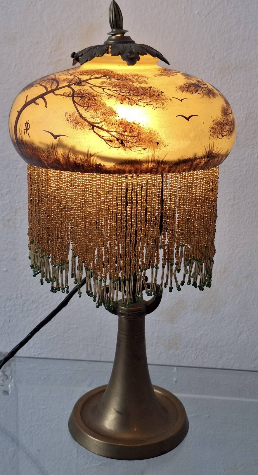 Antique signed reverse painted bronze table lamp, 1910-20