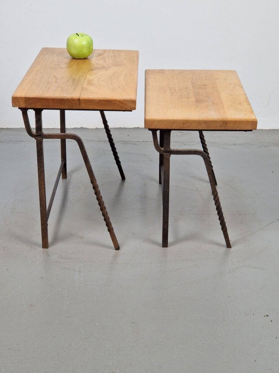 Brutalist Cast Iron and Oak Nesting Tables, 1970s, Set of 2
