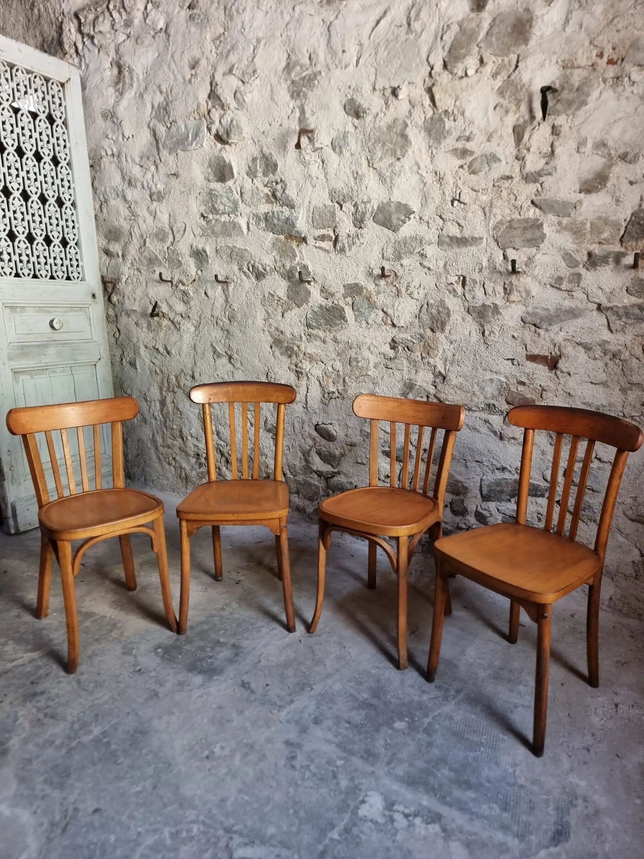 Ensemble vintage de 4 chaises bistrot françaises par Baumann & Luterma, bois de hêtre, années 1950
