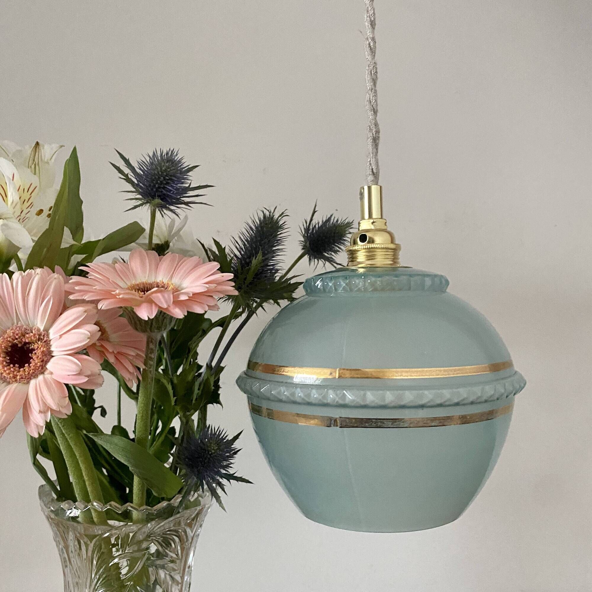 Vintage art deco tulip pendant light in blue and gold glass