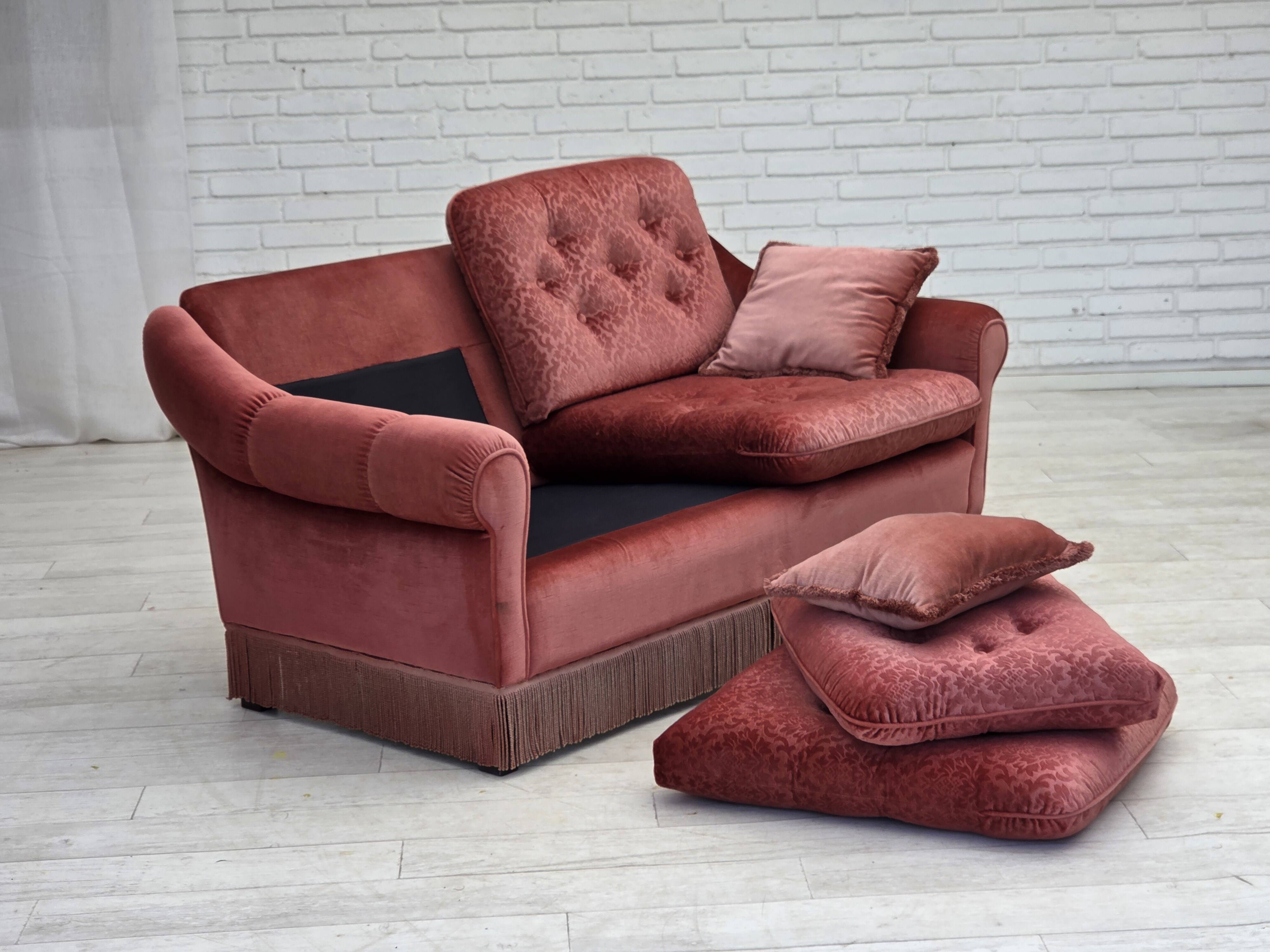 1980s, Scandinavian 2-seater sofa, pink furniture velour.
