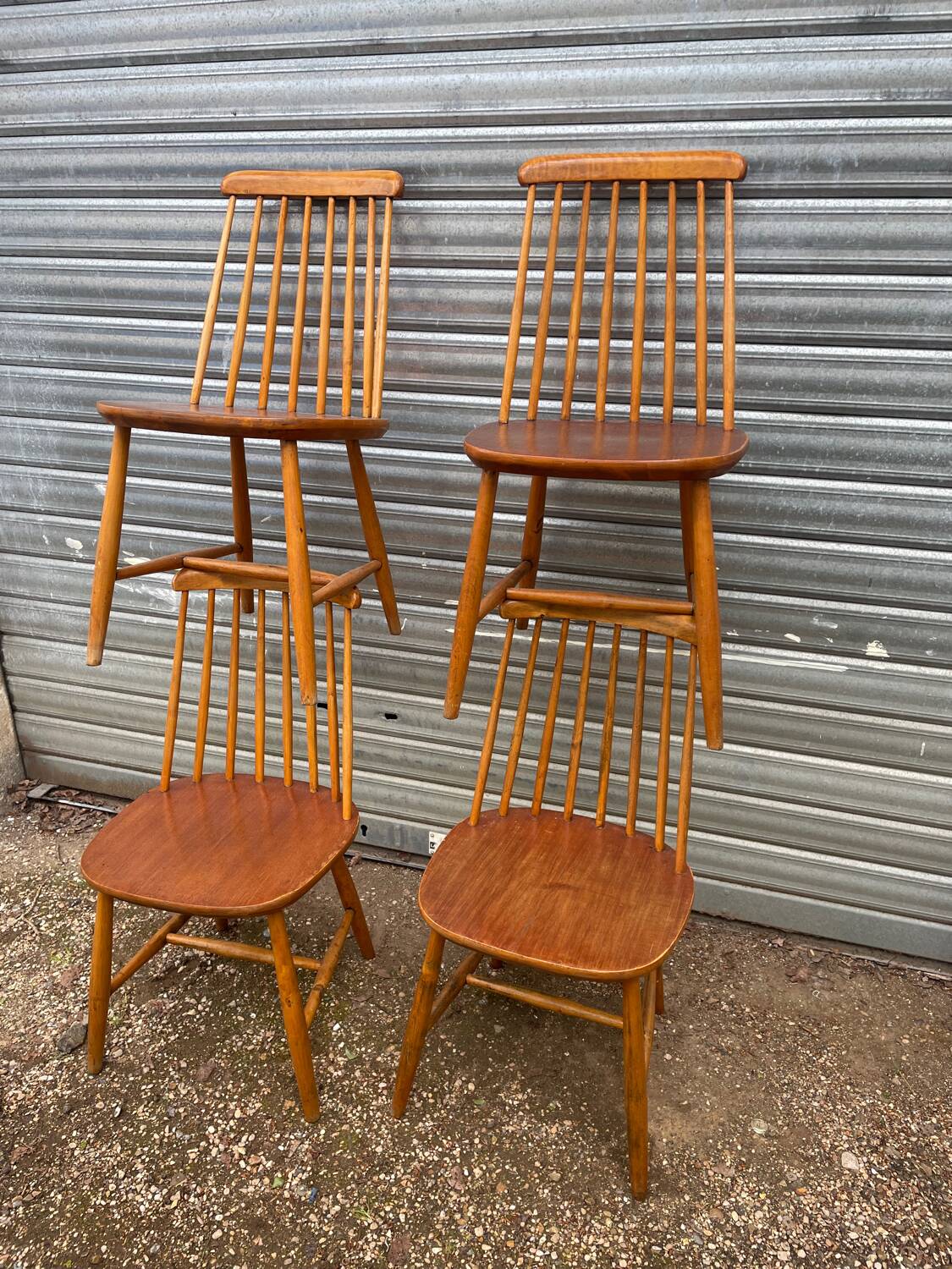 Set of 4 vintage beech chairs with teak seat