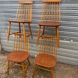 Set of 4 vintage beech chairs with teak seat