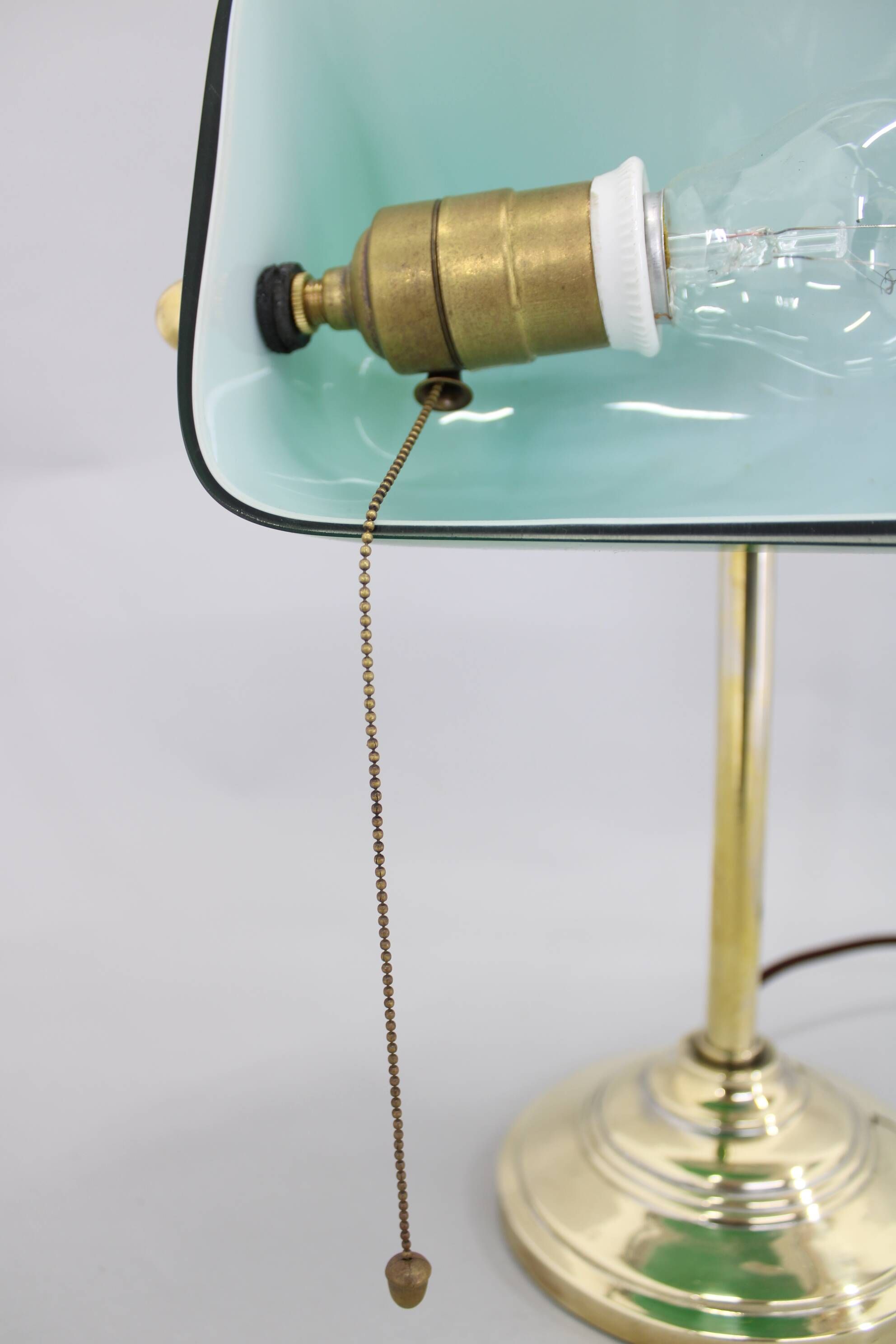 1930s Art Deco Brass  Banker Table Lamp with Glass Shade, Czechoslovakia