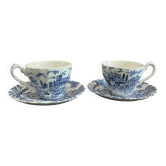 Lot de 2 tasses anciennes et soucoupes en porcelaine anglaise bleue et blanche
