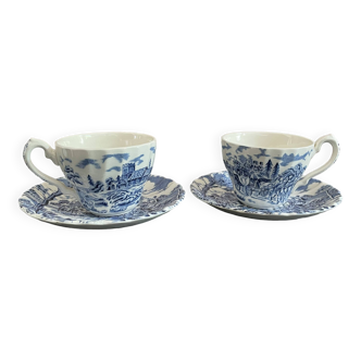 Set of 2 old cups and saucers in blue and white English porcelain