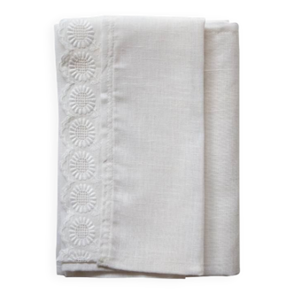 Set of 2 white linen towels and vintage English embroidery border