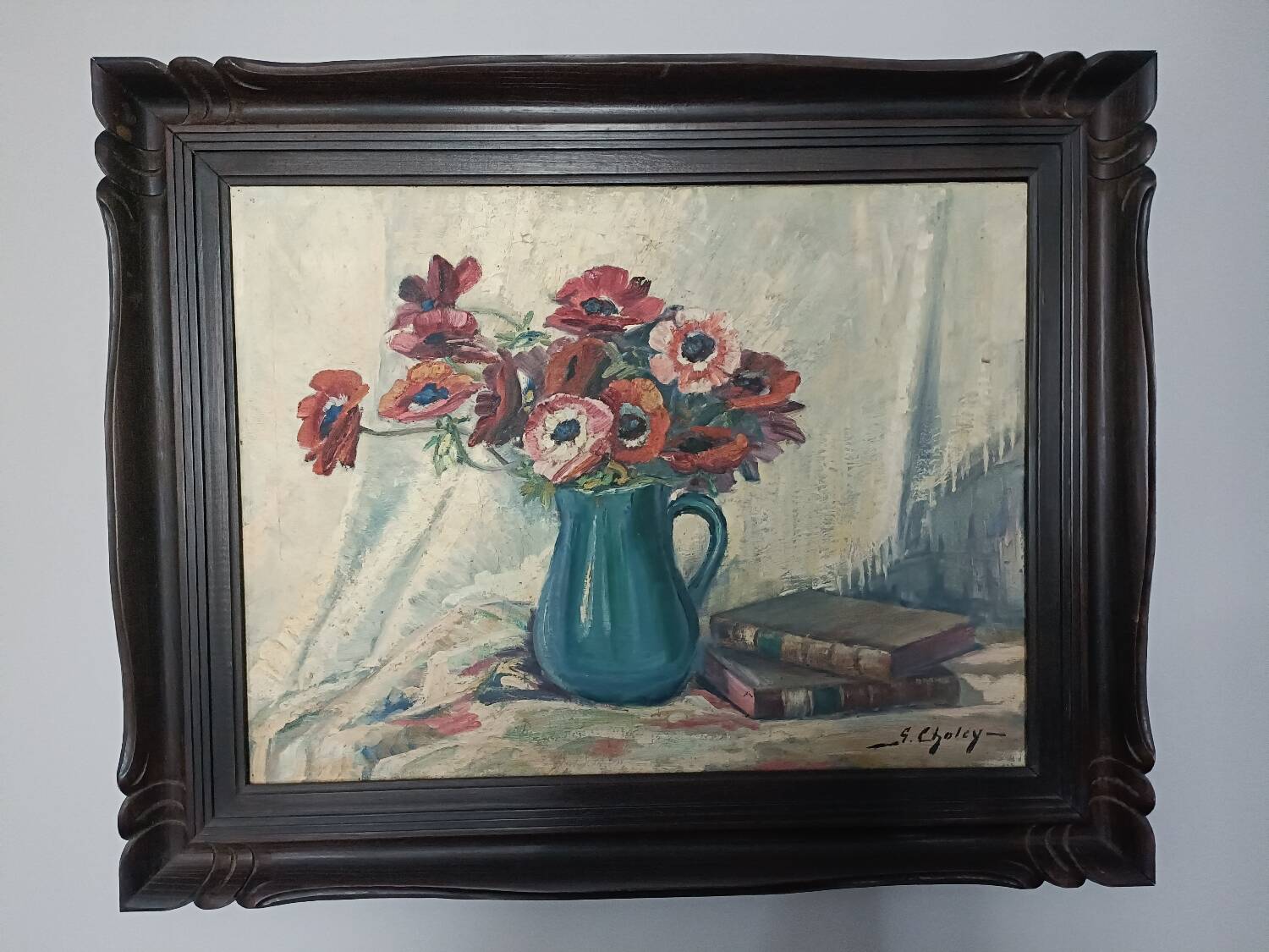 Grande huile sur toile, vase fleuri, Gustav Choley