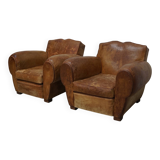 Pair of French club chairs with moustache back in cognac leather, 1940s