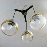 1970s teak, chrome metal and glass 3-globe pendant chandelier
