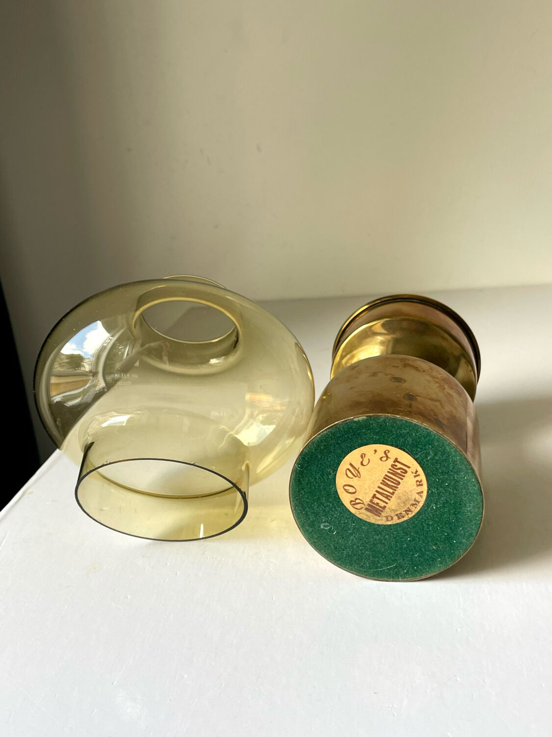 Danish design 1960 hurricane candleholder in brass and amber colored glass