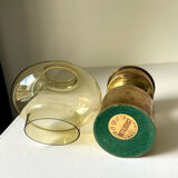 Danish design 1960 hurricane candleholder in brass and amber colored glass