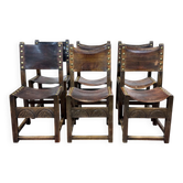 Set of 6 English chairs in oak and fine leather from the late 19th century.