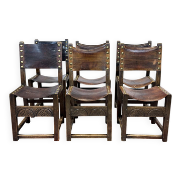 Suite de 6 chaises anglaises en chêne et cuir fin XIXème