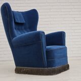 Années 1960, fauteuil relax danois à dossier haut, état d'origine, meuble en velours bleu.