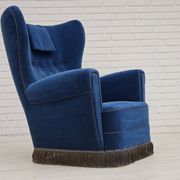 Années 1960, fauteuil relax danois à dossier haut, état d'origine, meuble en velours bleu.