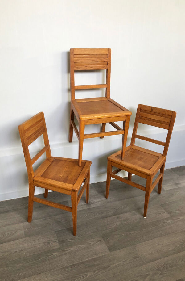 Set de 3 chaises en chêne d'époque reconstruction 50s