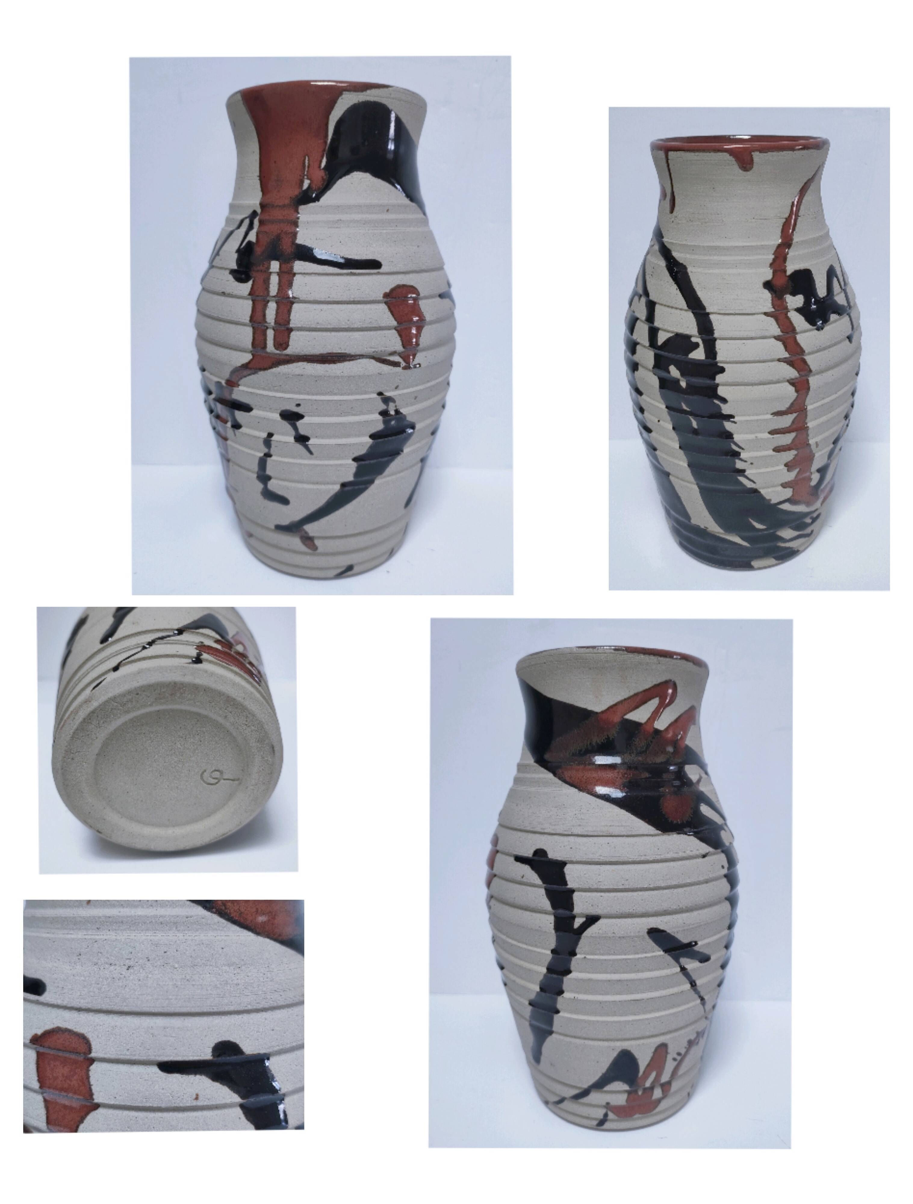 vase grès glaçure tenmoku signé cp
