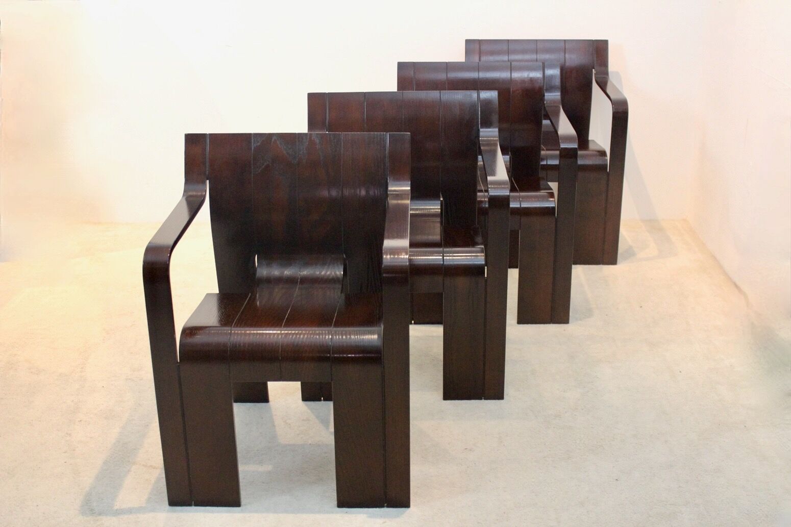 Set of four Strip dining chairs with dark brown ash armrests by Gijs Bakker for Castelijn