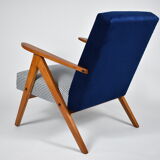 Vintage original 60s armchair, refubrished, blue velvet, poule fabric