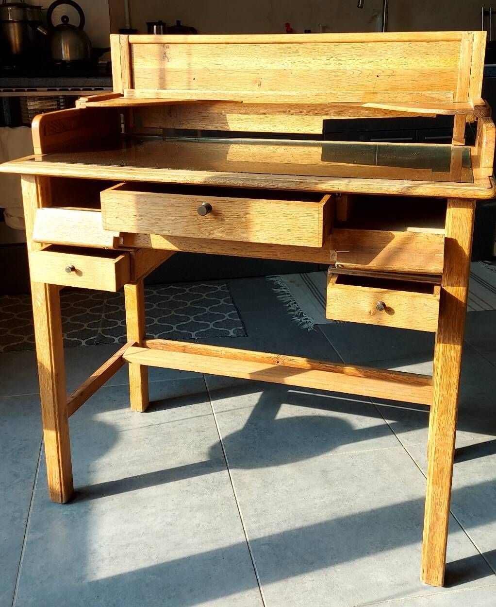Custom desk/console with 5 drawers and removable upper section.