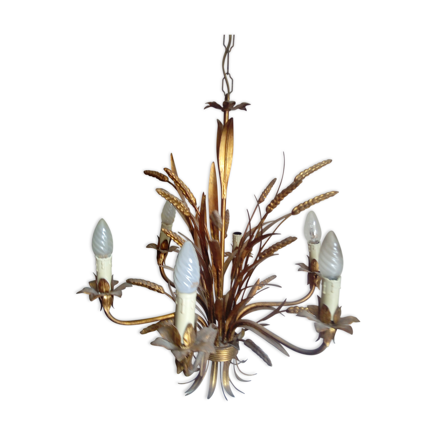 Chandelier ear of wheat years 60/70 6 branches gold metal 103 cm