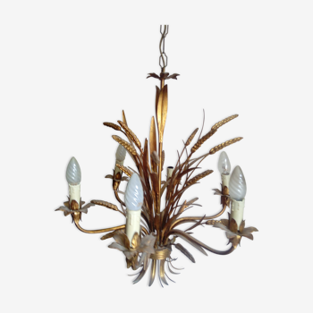 Chandelier ear of wheat years 60/70 6 branches gold metal 103 cm