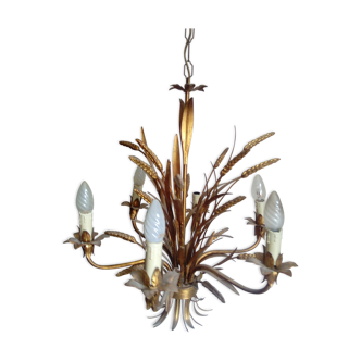 Chandelier ear of wheat years 60/70 6 branches gold metal 103 cm