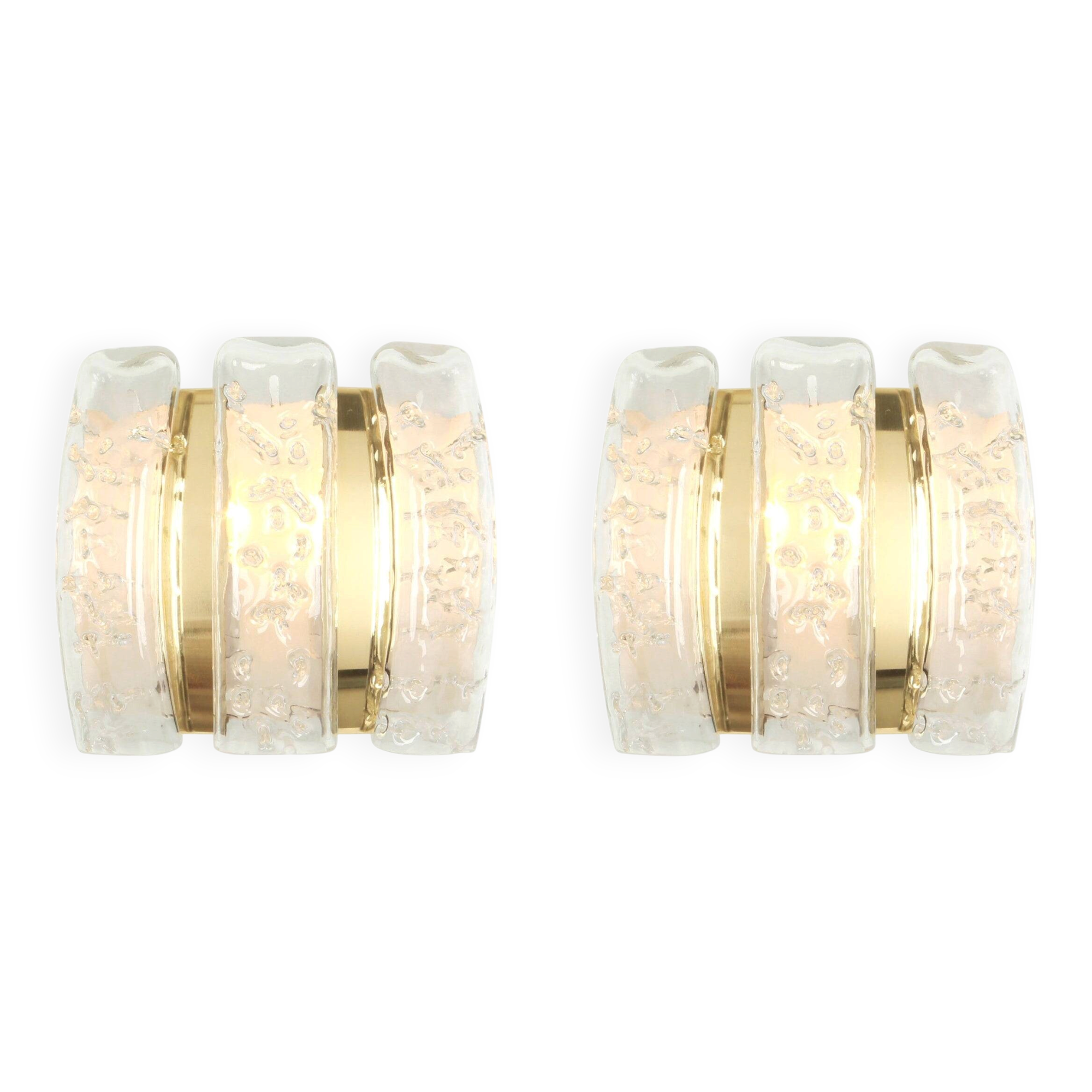 Pair of wall sconces in brass or ice glass by Doria, Germany, 1960s.
