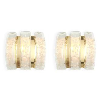 Pair of wall sconces in brass or ice glass by Doria, Germany, 1960s.