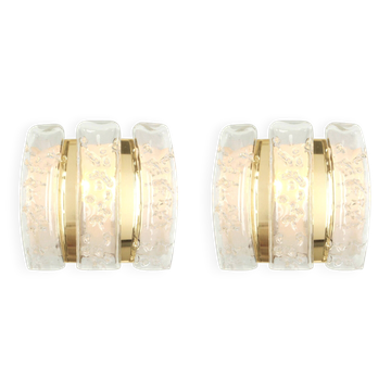 Pair of wall sconces in brass or ice glass by Doria, Germany, 1960s.
