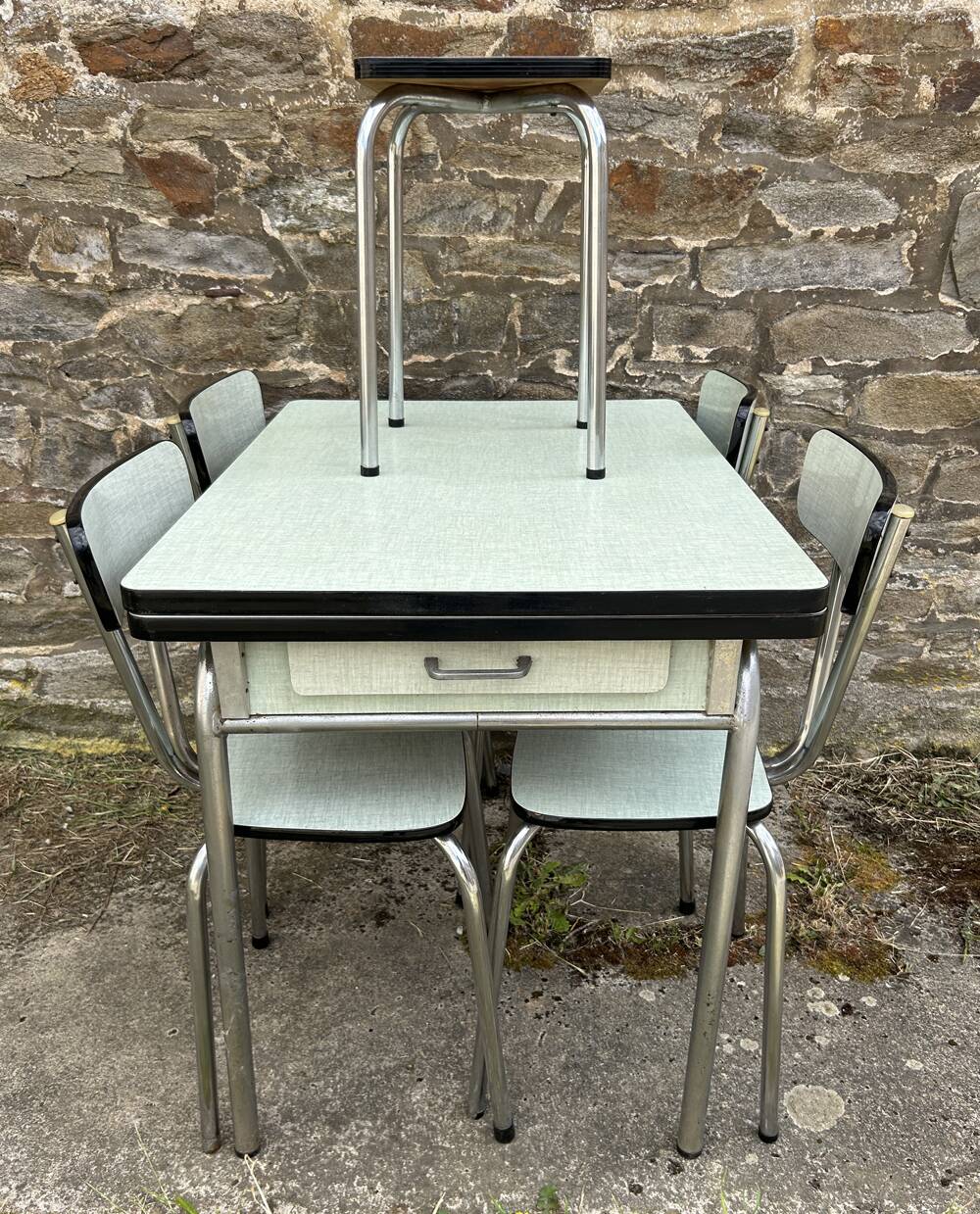JPP pale green formica table, 4 chairs, 1 stool, 1950s