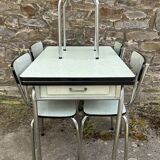 JPP pale green formica table, 4 chairs, 1 stool, 1950s