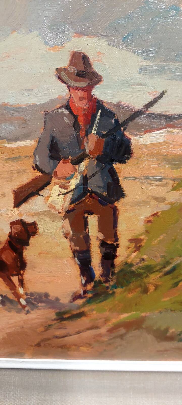 Renzo Martini - Hunters - Oil painting on plywood 60x30 cm