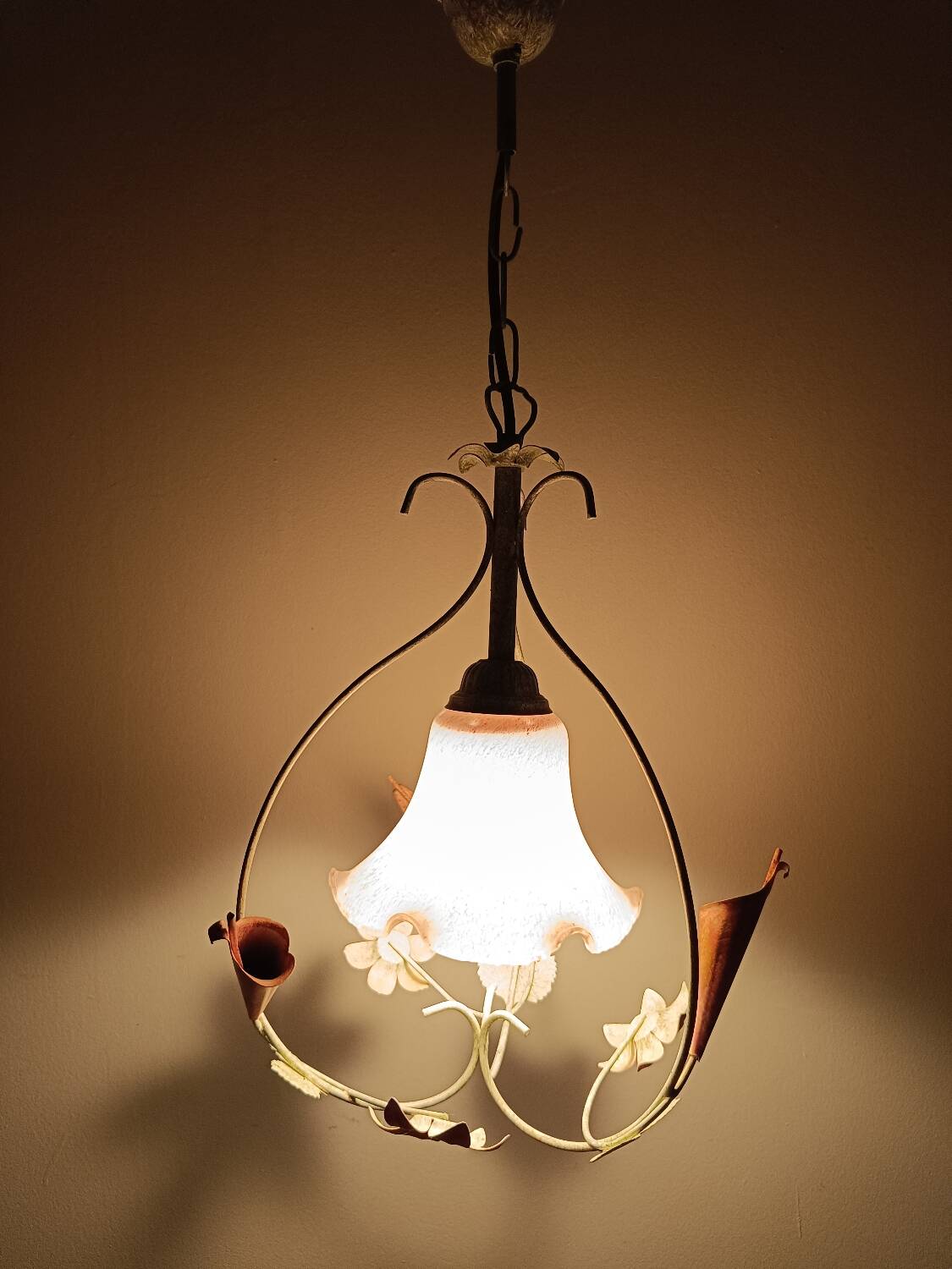 Lustre fer forgé et tulipe verre rose dépoli