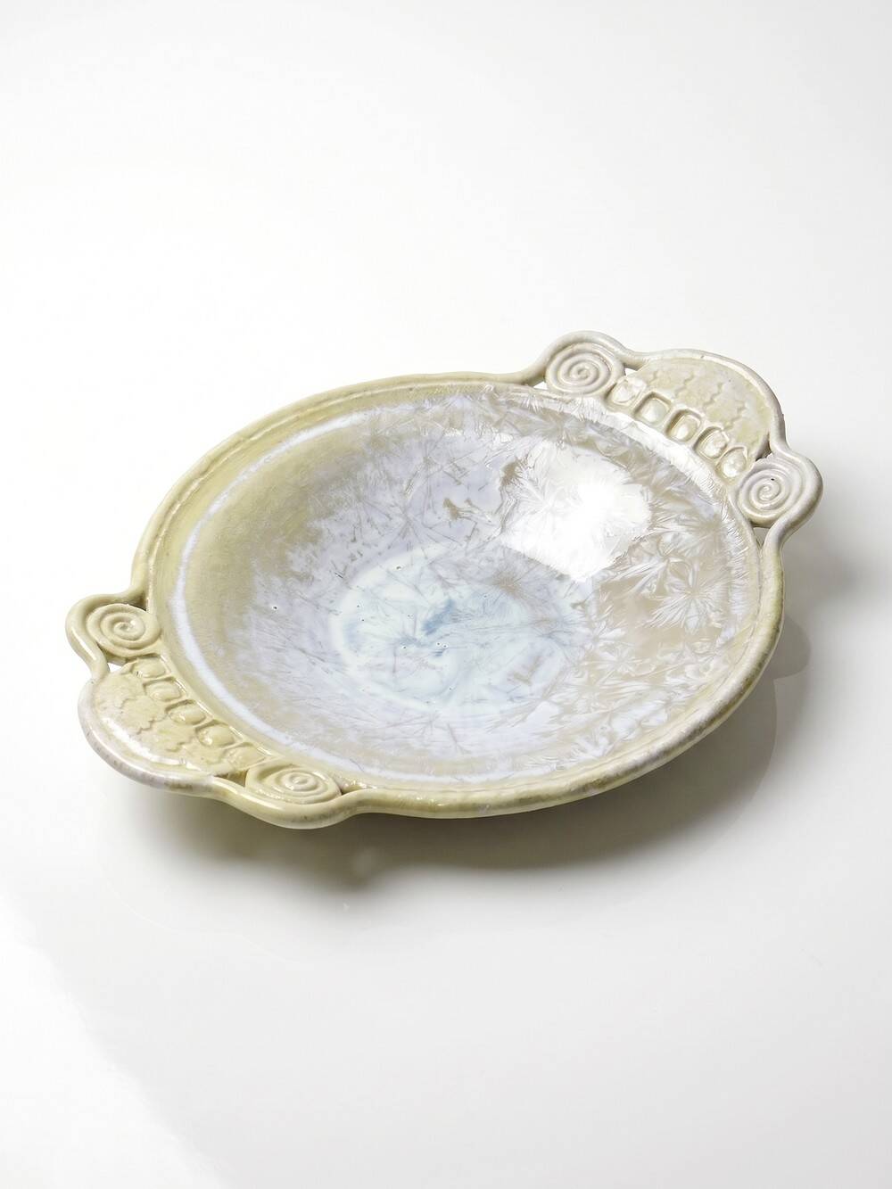 Vintage stoneware pocket bowl with crystalline glazes signed by Françoise Roussel.