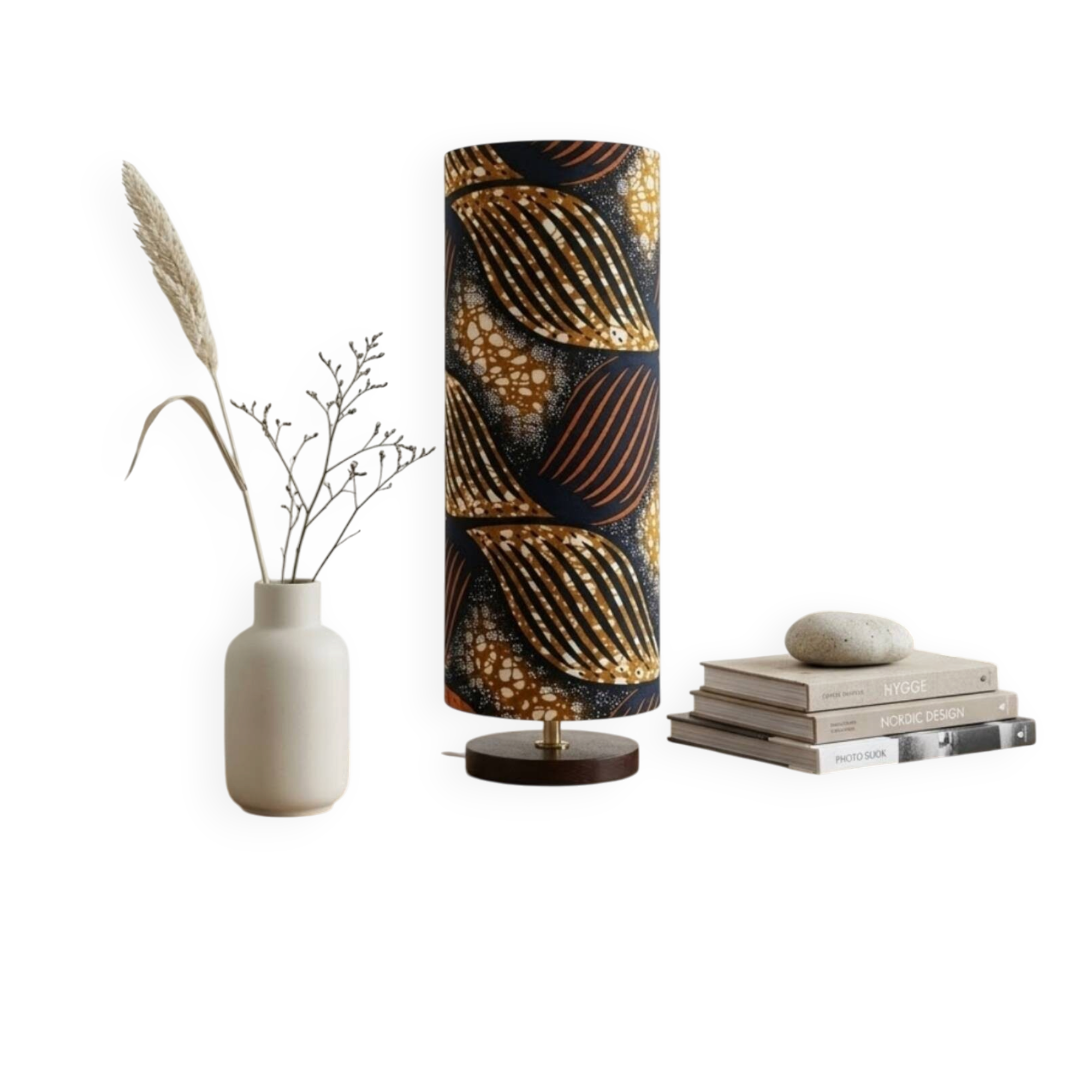 tube lamp wooden base | wax fabric boho-ethnic chic
