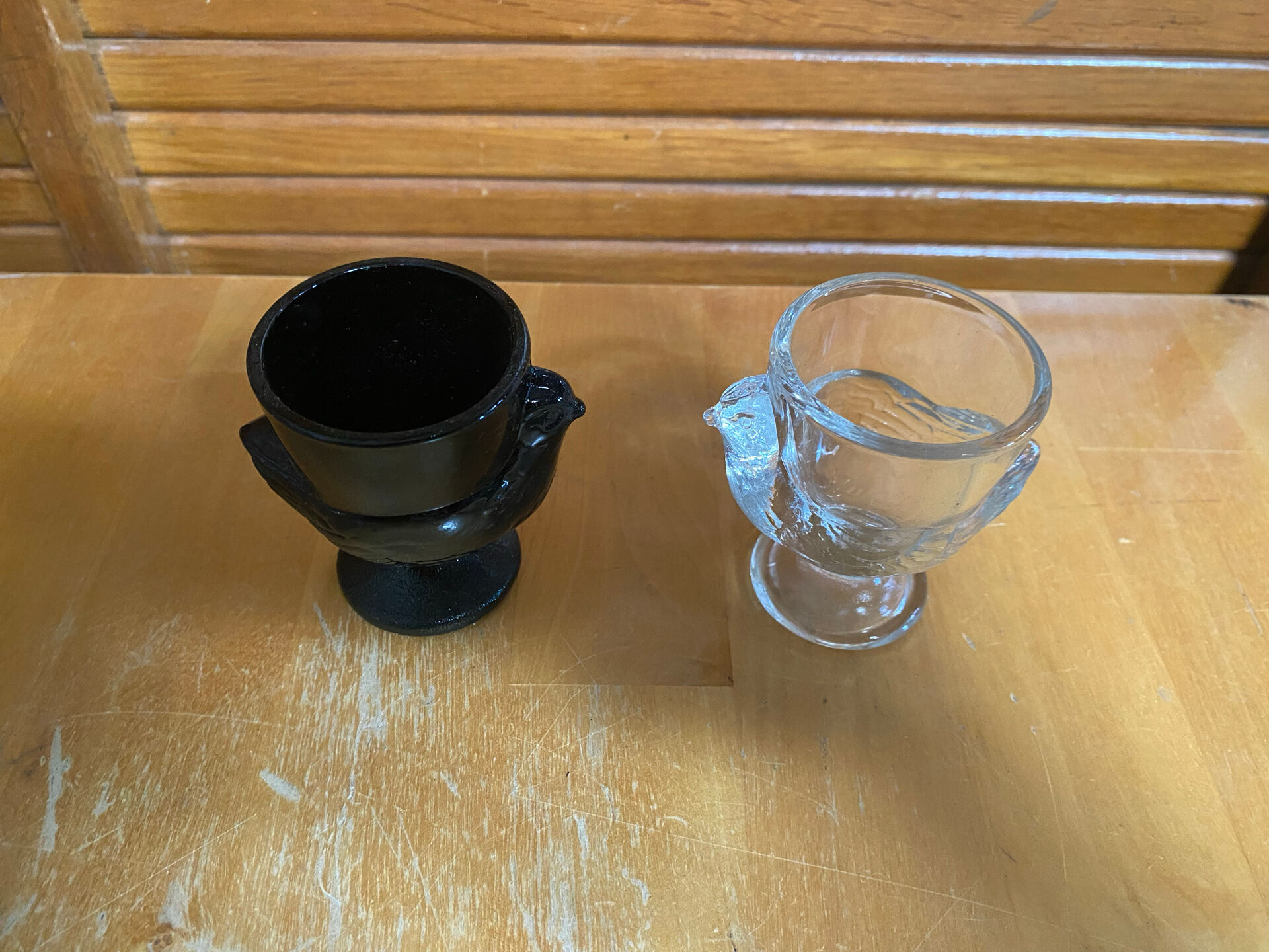 Pair of Antique Egg Cups in Black Opaline and Vintage Moulded Glass
