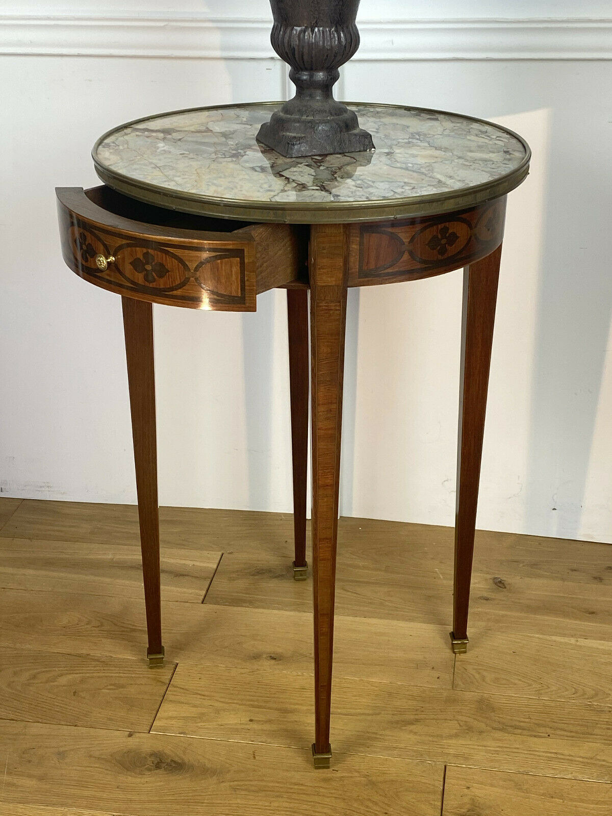 Gueridon in marquetry and marble top of Louis XVI style Napoleon III era
