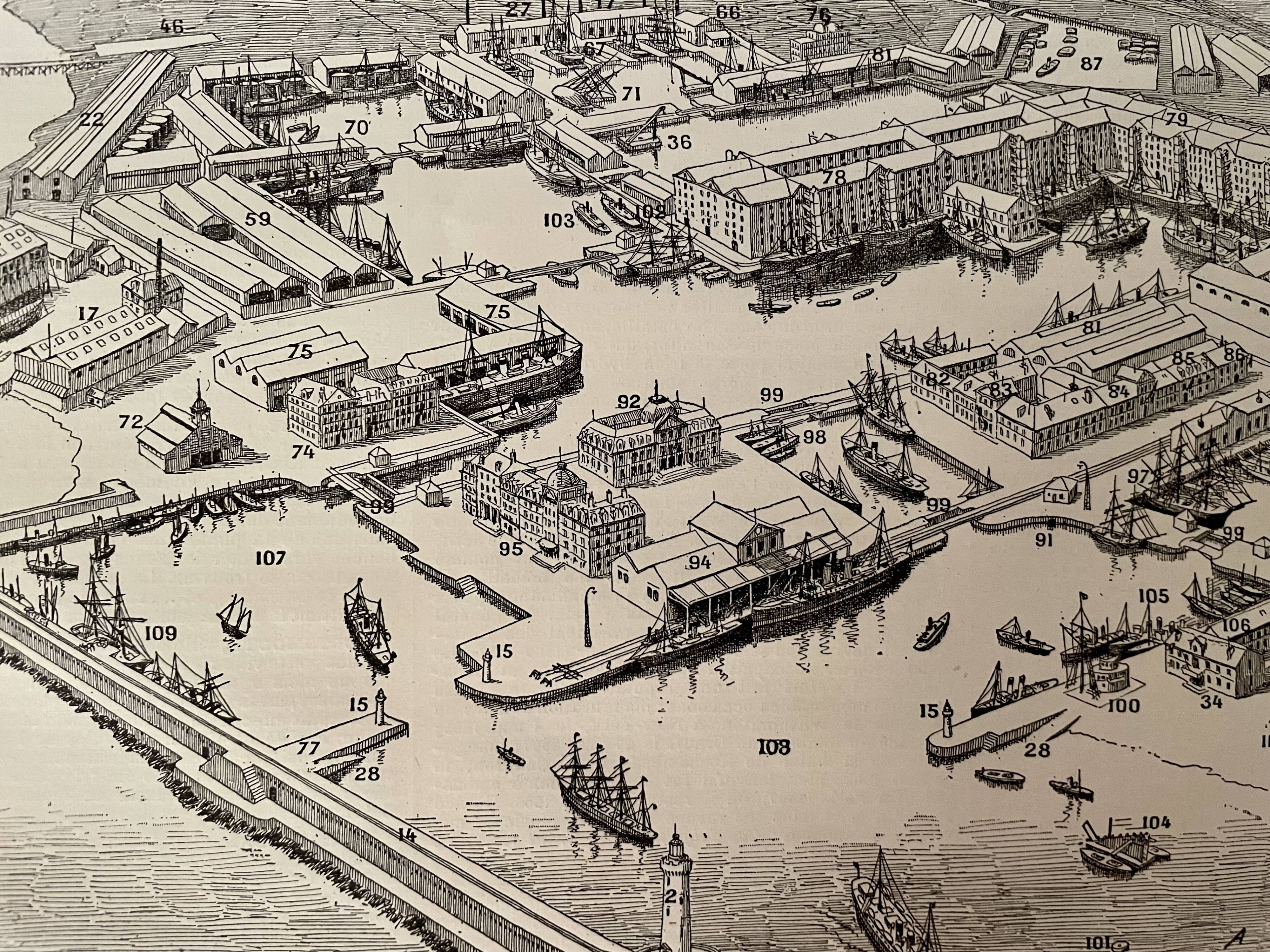 Set of 2 lithographs on the ports of 1897