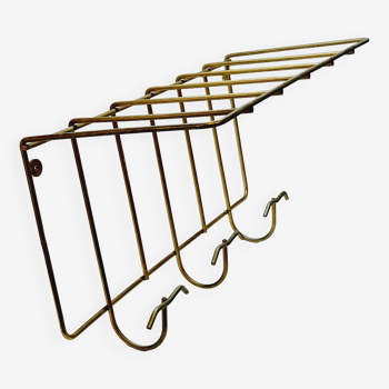 Coat rack with vintage shelf in golden metal with 3 hooks