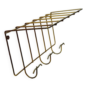 Coat rack with vintage shelf in golden metal with 3 hooks