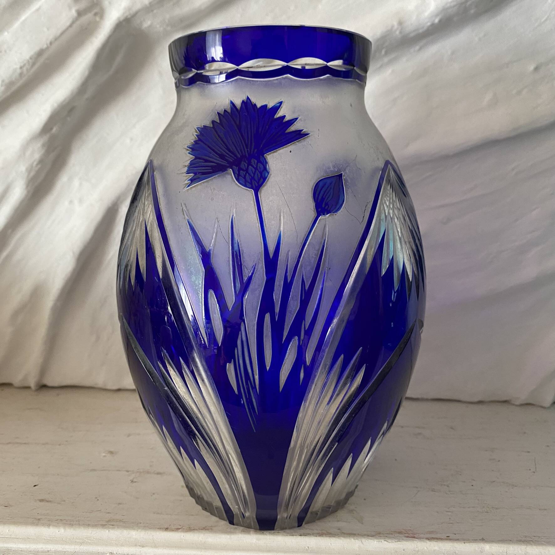 Cobalt blue double crystal vase signed G. Raspiller