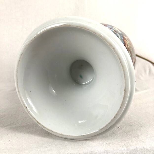 Large pair of 19th century polychrome porcelain vases decorated with landscapes, mounted as lamps