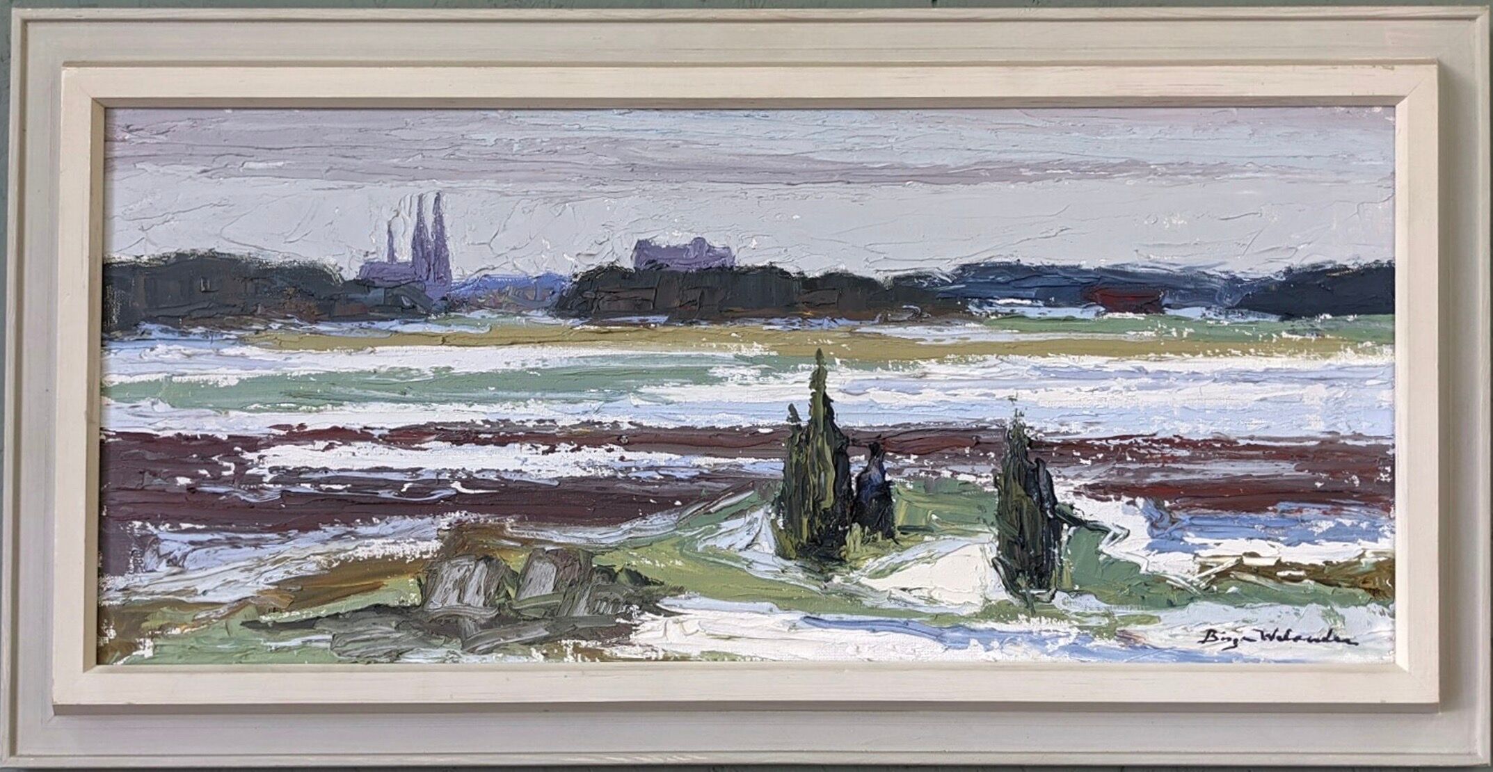 Mid-Century Modern Swedish "Planes" Vintage Expressive Landscape Oil Painting, Framed