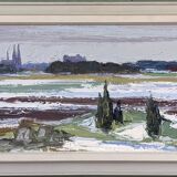 Mid-Century Modern Swedish "Planes" Vintage Expressive Landscape Oil Painting, Framed