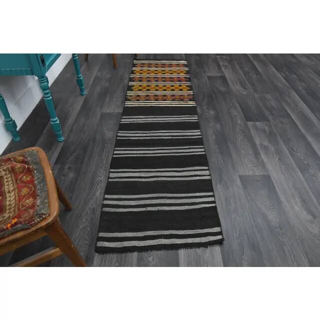 1970s Turkish Oushak Handmade Wool Cotton Black Runner Rug 63x246