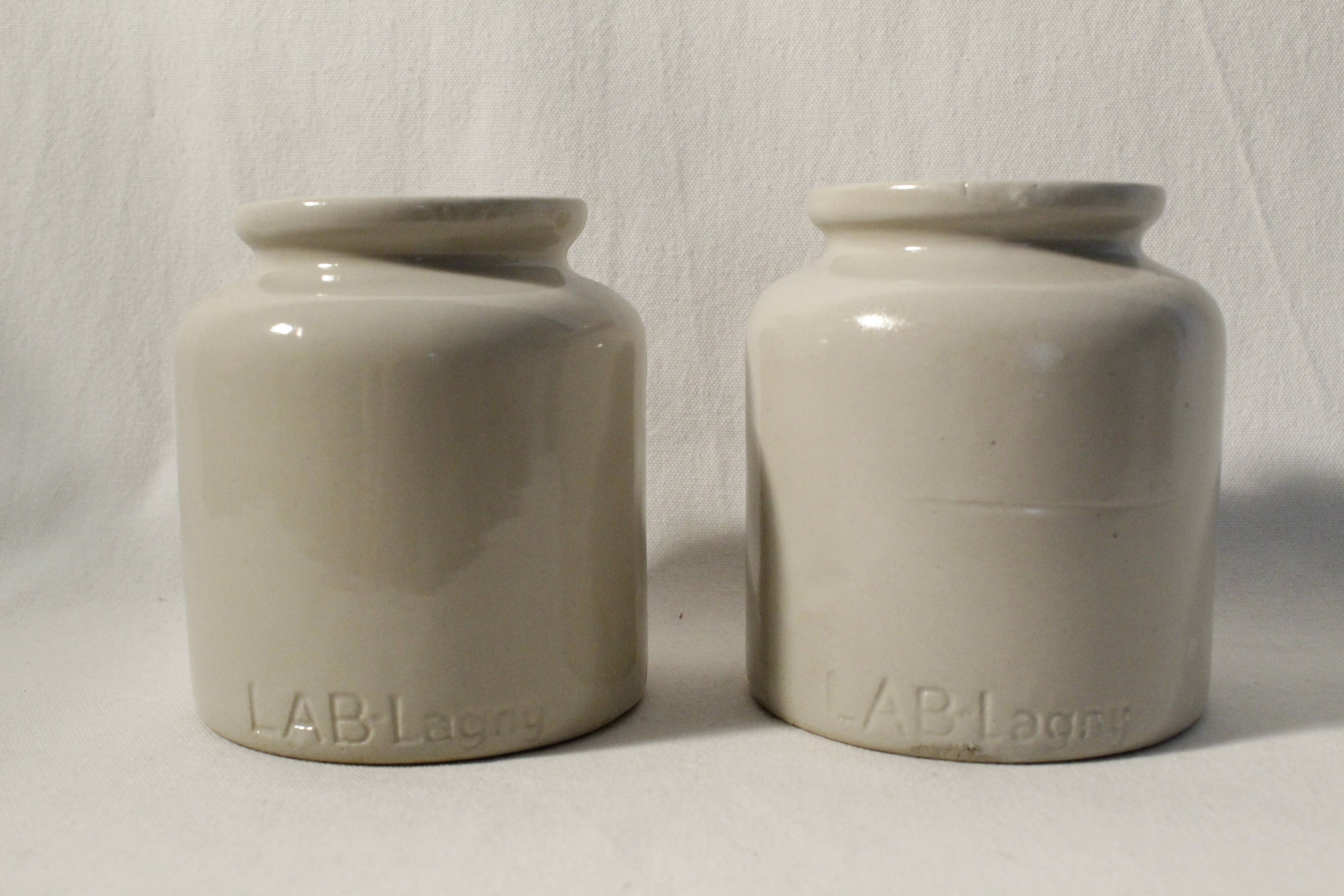 Vintage LAB-Lagny mustard pot in beige glazed stoneware (x2)